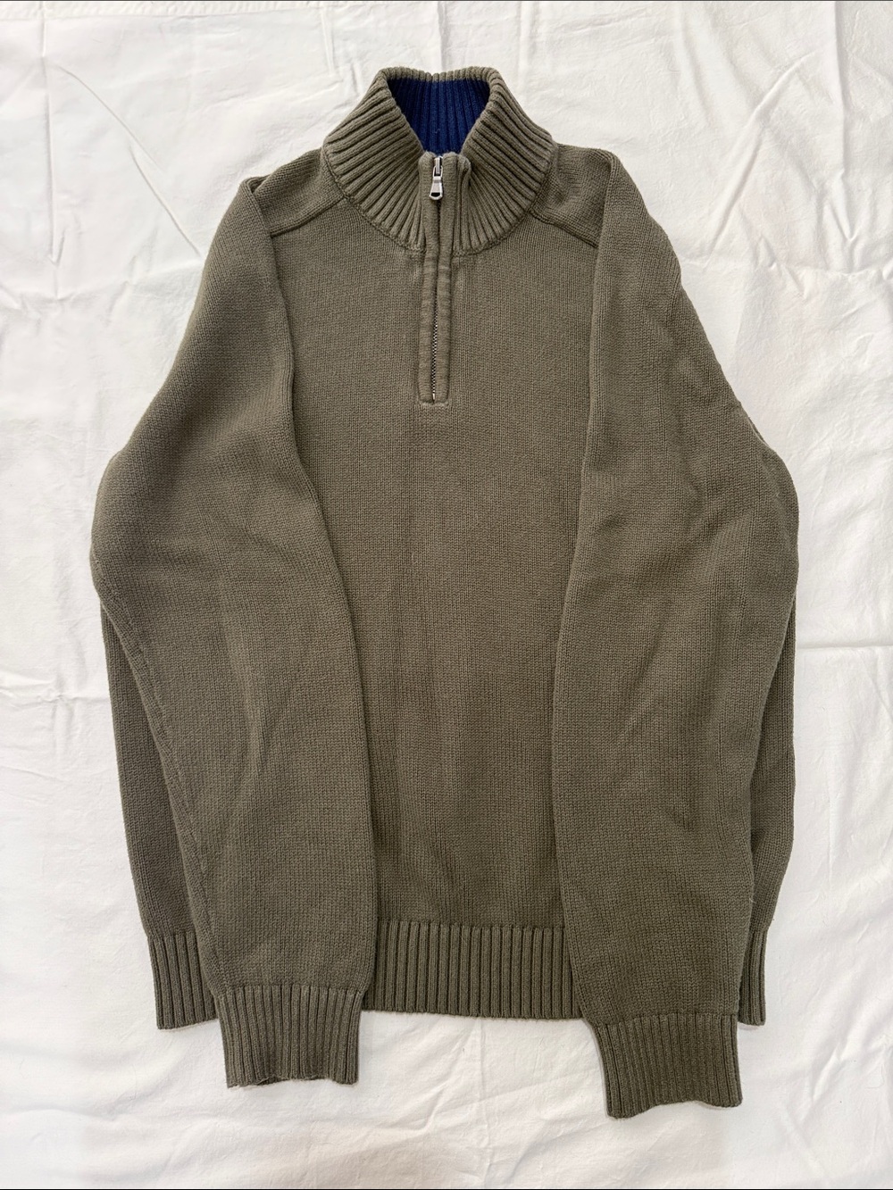 Lands' End Olive Half-Zip Mock Neck Sweater with Navy Trim